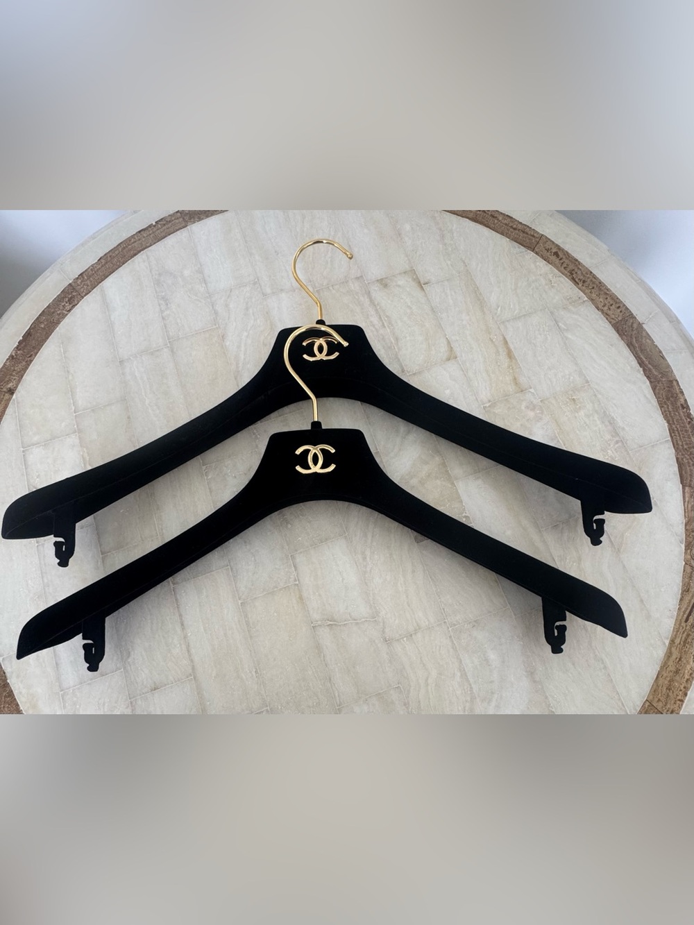 CHANEL Black Velvet Hanger with Gold CC Logo, 16” long